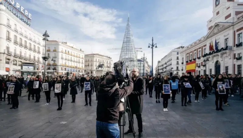 Javier Moreno, Co-Founder and Communications Director of Animal Equality, speaking to media during a demonstration in Madrid, Spain